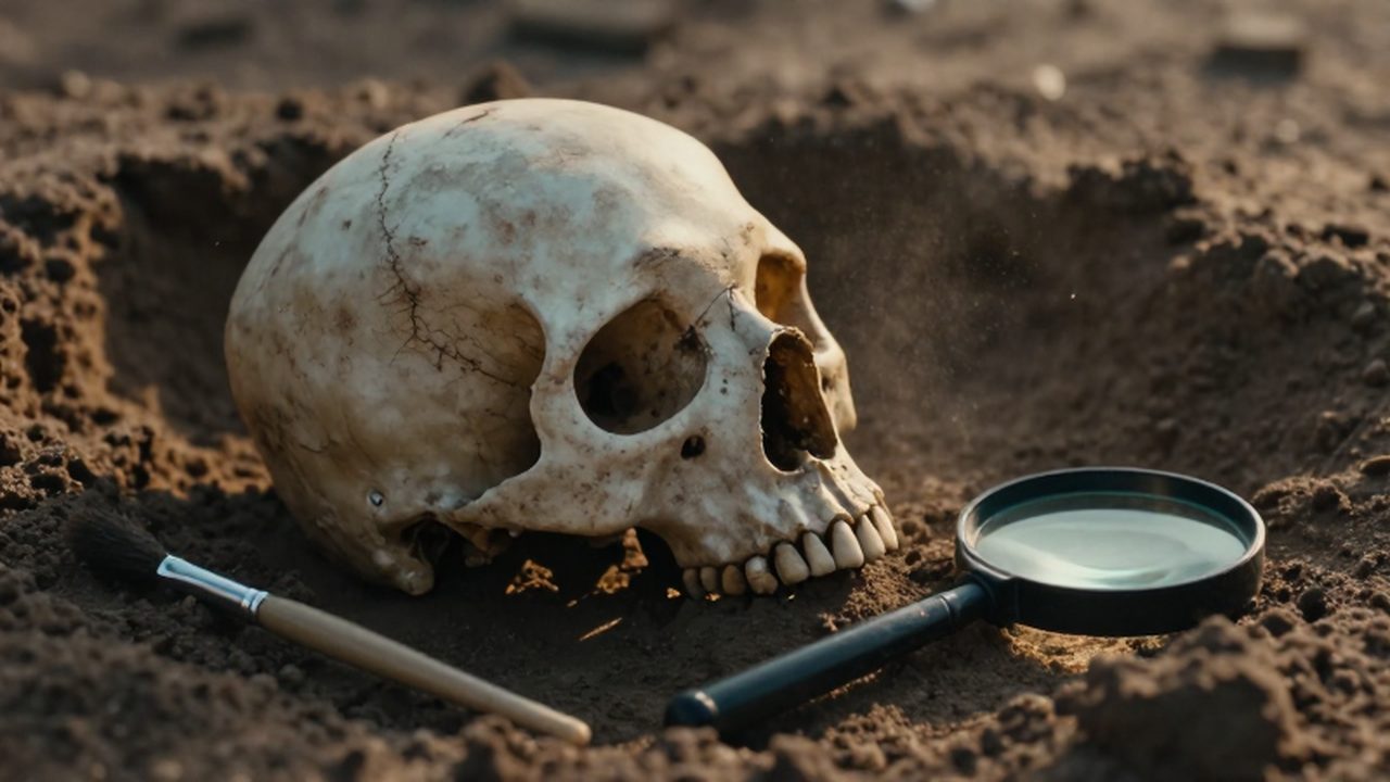 Restos óseos humanos antiguos sobre tierra excavada junto a un pincel y una lupa arqueológica.