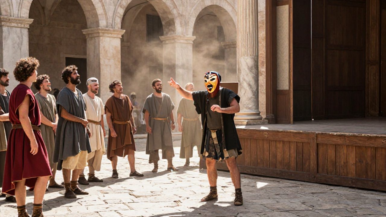 Un actor con máscara colorida actúa en un escenario de madera ante ciudadanos romanos.