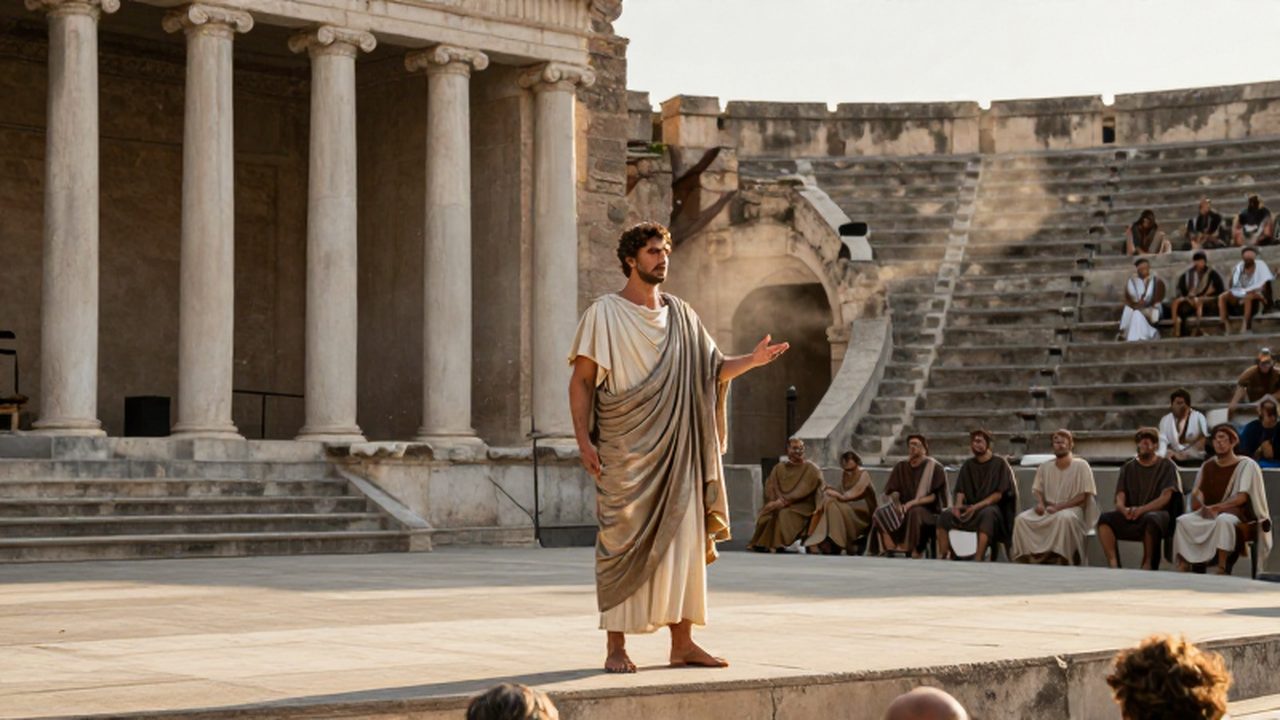 Actor con túnica de seda declama un monólogo en un antiguo teatro romano de mármol.
