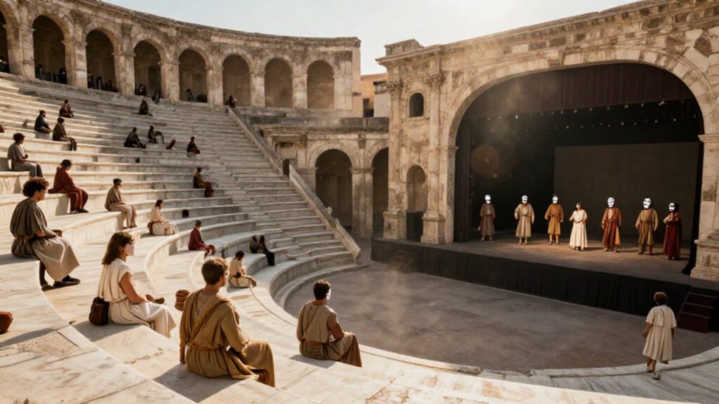Multitud de ciudadanos romanos observando una representación teatral en un anfiteatro de mármol bajo la luz dorada.