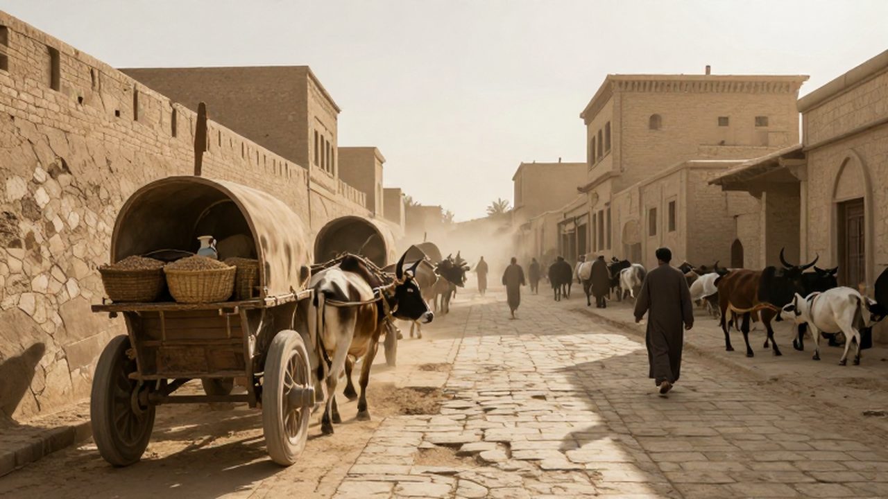 Caravanas de bueyes con cestos y ánforas recorren una concurrida calle de piedra en una ciudad mesopotámica.