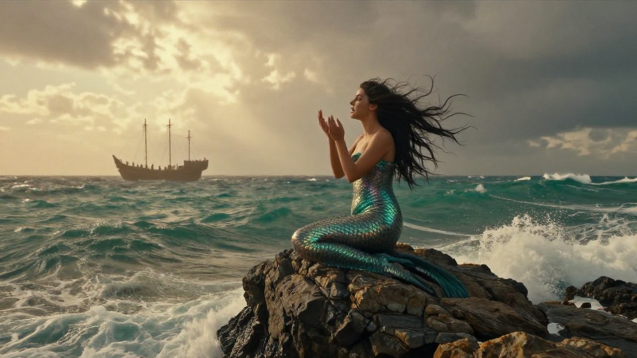 Sirena mitológica con escamas brillantes cantando sobre rocas frente a un mar agitado y un barco antiguo.