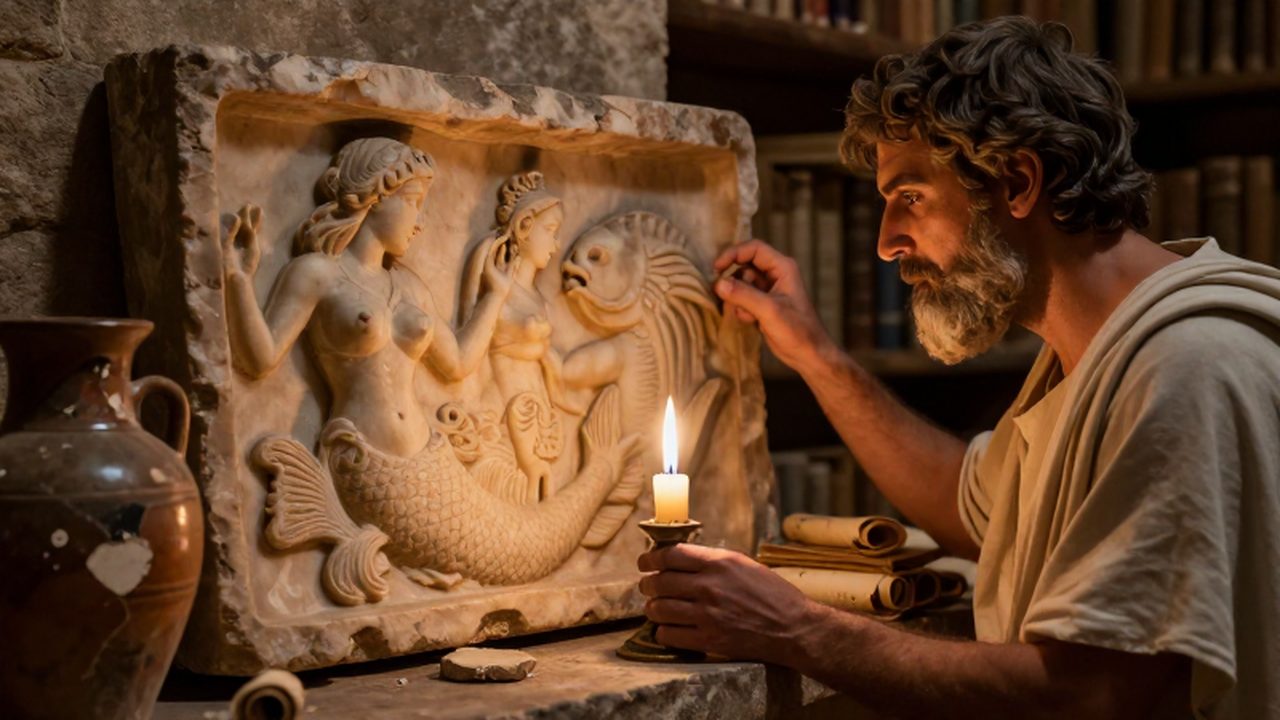 Erudito griego examinando un relieve de mármol de una sirena en una biblioteca antigua iluminada por velas.