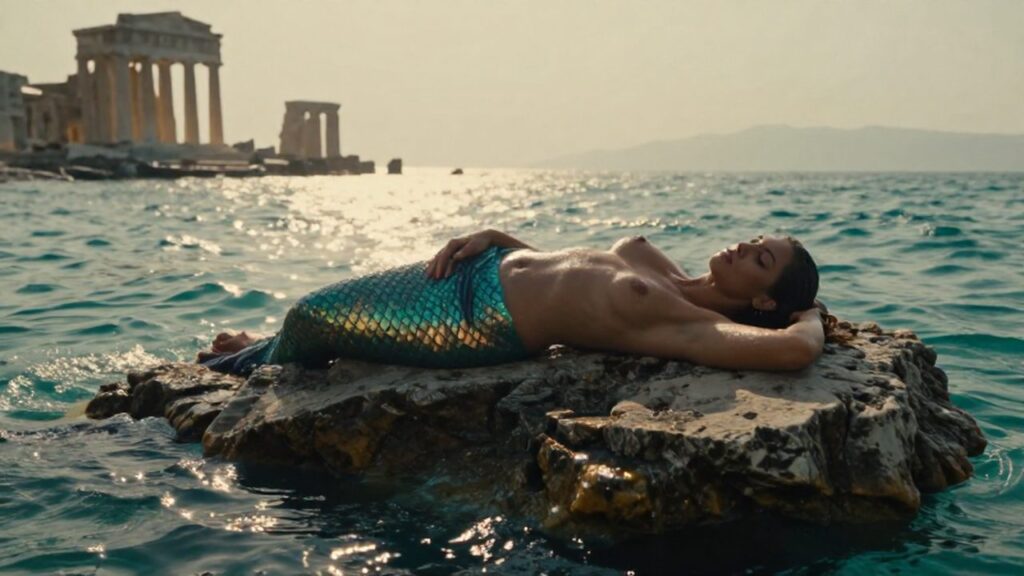 Sirena de escamas brillantes descansando sobre una roca junto a ruinas griegas en el mar Egeo.