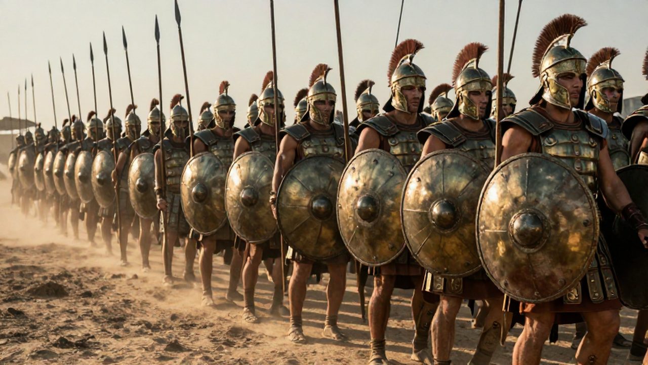 Falange de hoplitas griegos con armaduras de bronce y escudos entrelazados en un campo de batalla.