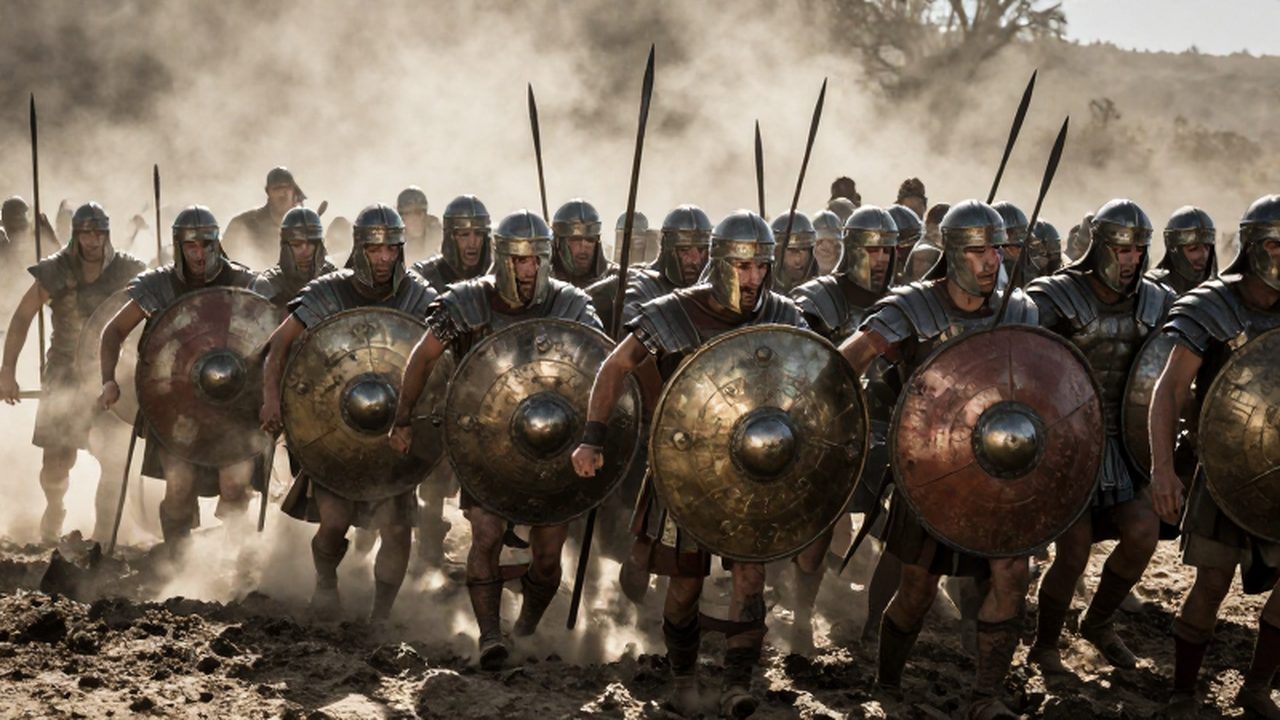 Falange de hoplitas griegos con armaduras de bronce avanzando con dificultad por un campo de batalla embarrado.