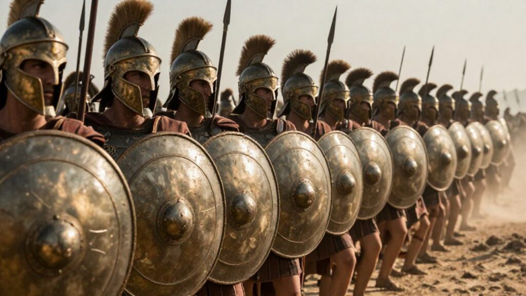 Falange de hoplitas griegos con armaduras de bronce y escudos superpuestos en un campo de batalla.