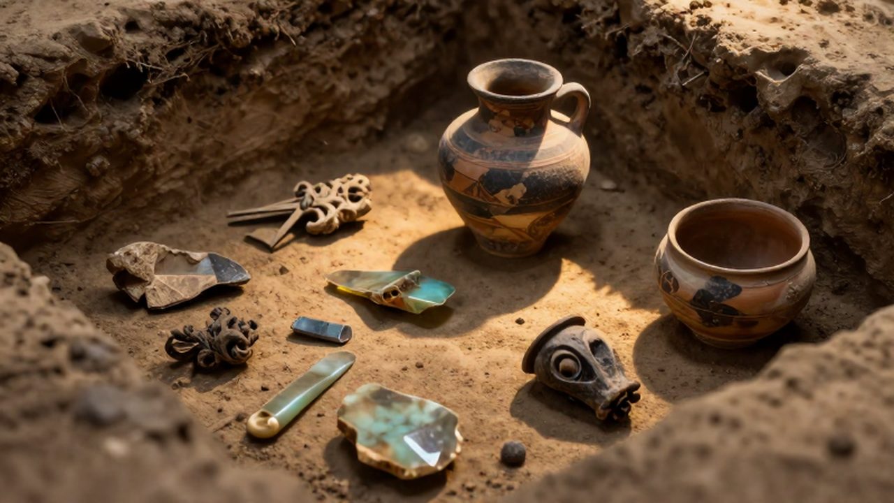 Fragmentos de cerámica ceremonial y herramientas de obsidiana parcialmente enterrados en un yacimiento arqueológico.
