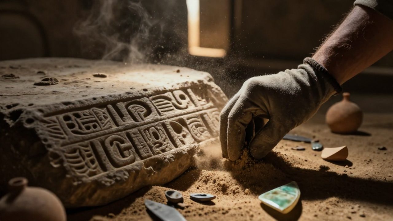 Mano con guante limpia arena de un altar de piedra con glifos tallados.