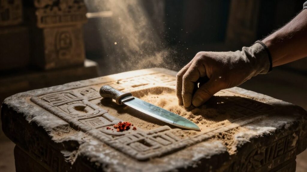 Manos de un arqueólogo limpian con un pincel un altar maya tallado en una cueva.