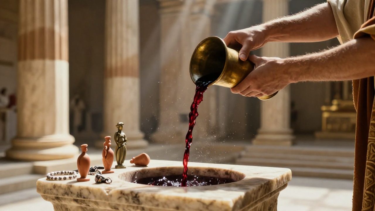 Manos de un sacerdote vertiendo vino sobre un altar de piedra en un templo griego.