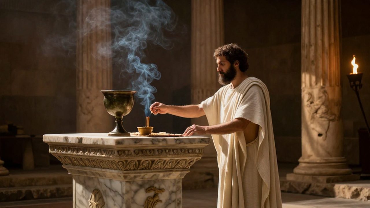 Sacerdote con túnica blanca realiza una ofrenda ante un altar de mármol en un templo griego.