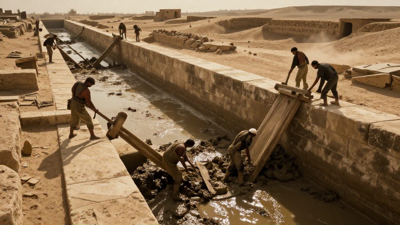 Trabajadores de la antigua Mesopotamia limpian sedimentos de un gran canal de irrigación con herramientas de madera.