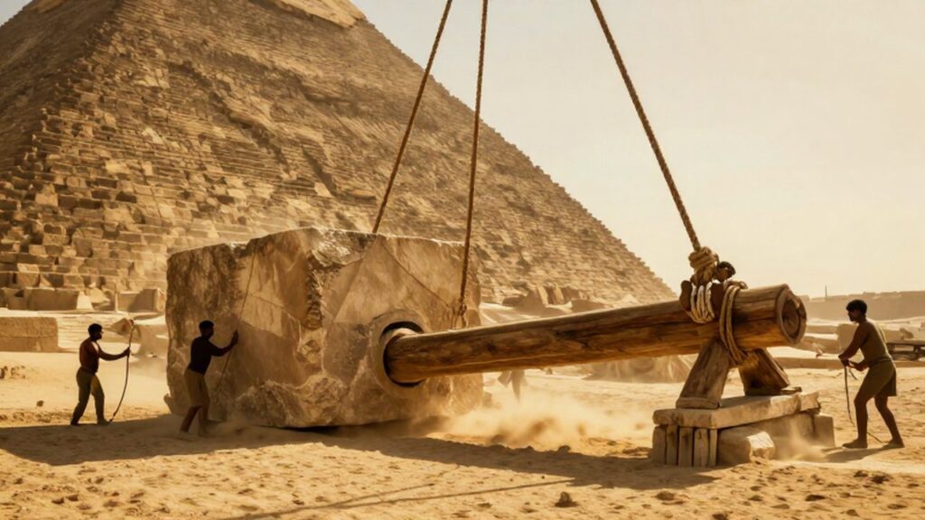 Trabajadores egipcios moviendo grandes bloques de piedra con poleas ante una pirámide en construcción.
