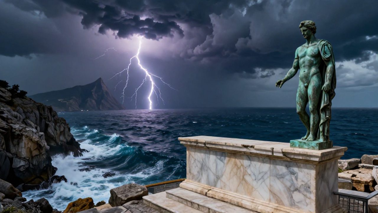 Altar de mármol griego frente a un mar tormentoso con un rayo golpeando la montaña.