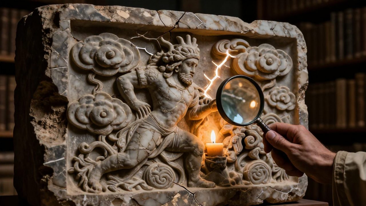 Mano de un estudioso examinando con una lupa un relieve de piedra de una deidad de tormentas.