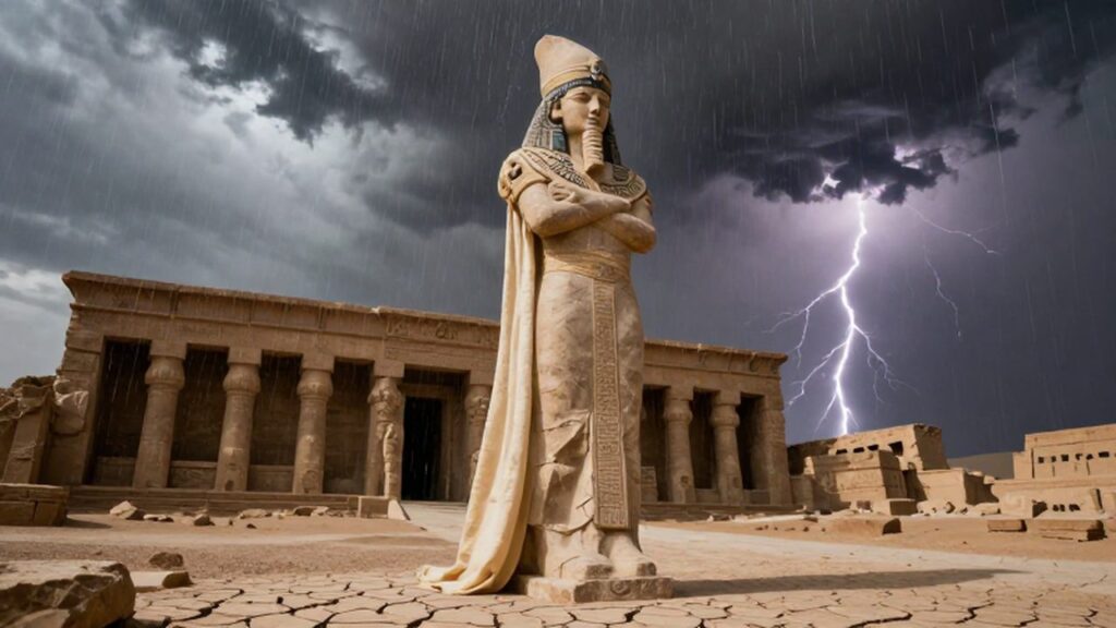 Sacerdotisa mesopotámica ante una estatua colosal de un dios bajo una tormenta en ruinas desérticas.
