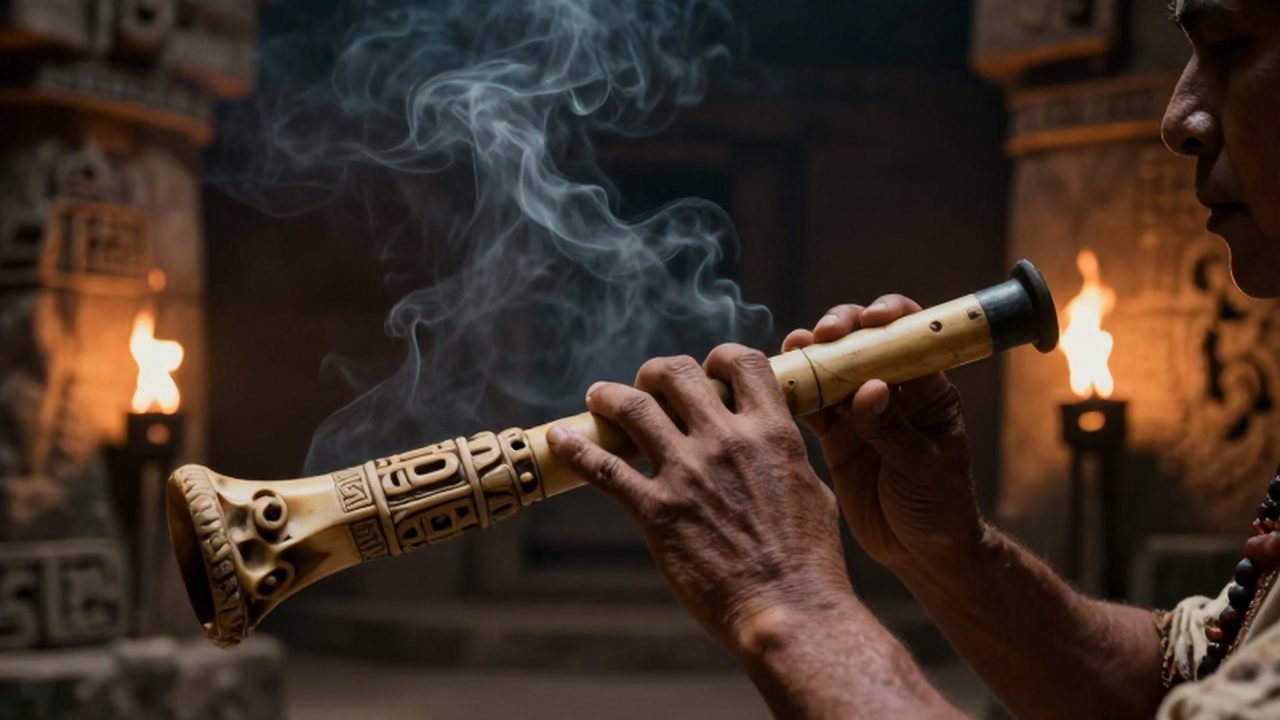 Manos de un sacerdote sostienen una flauta de hueso tallada en un templo mesoamericano.