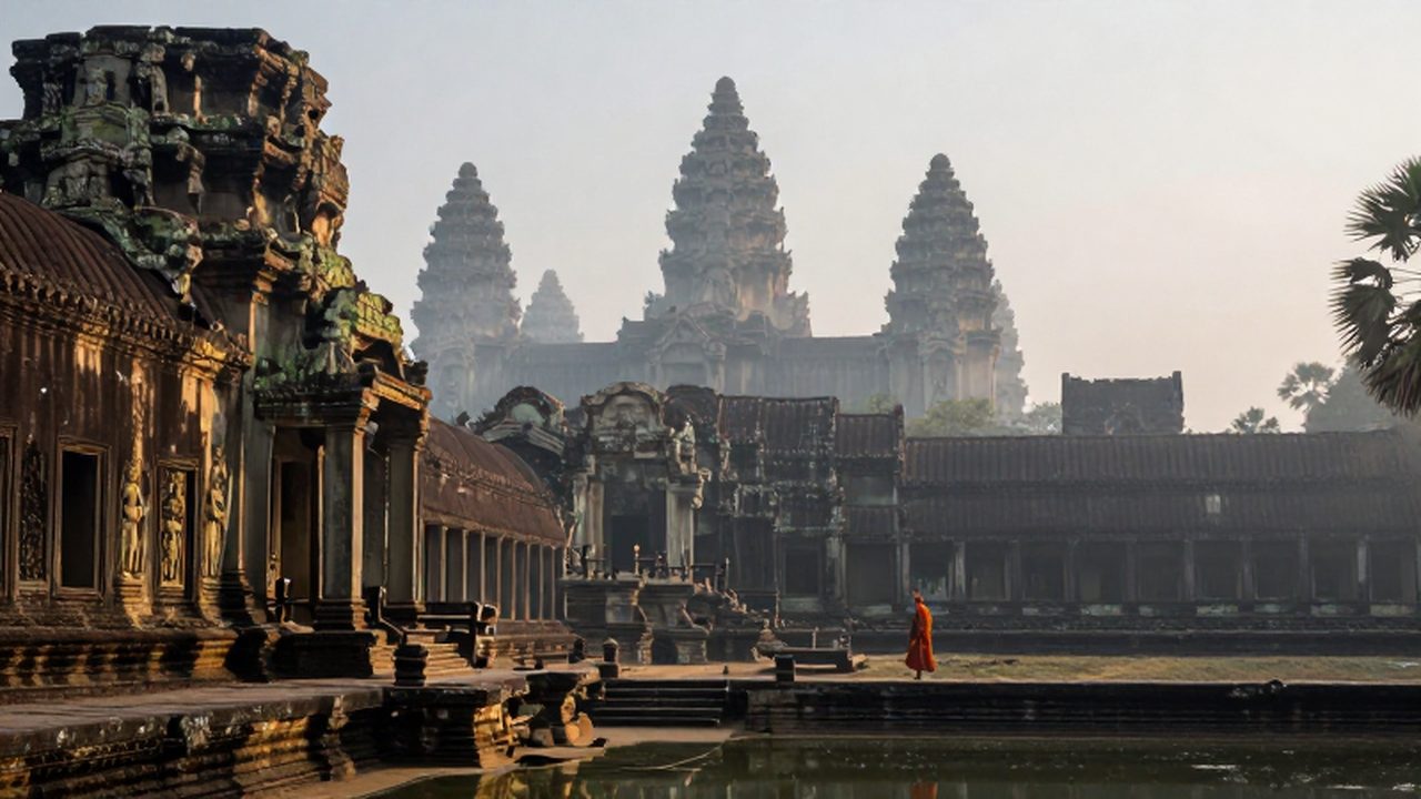 Templos de Angkor Wat entre la niebla del amanecer con un monje caminando por la calzada.