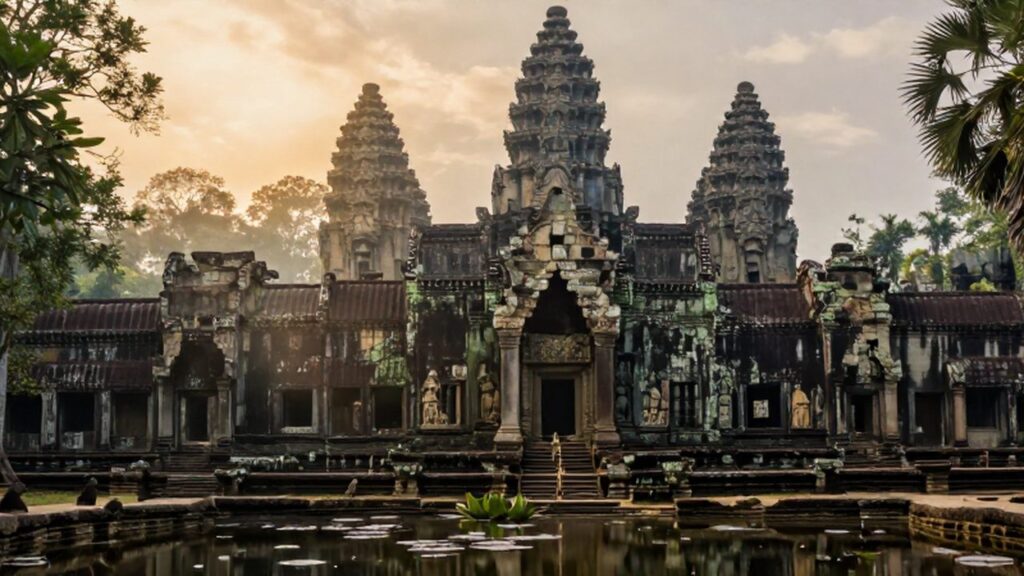 Torres de piedra de Angkor Wat entre la selva camboyana con un reflejo en un estanque de lotos.
