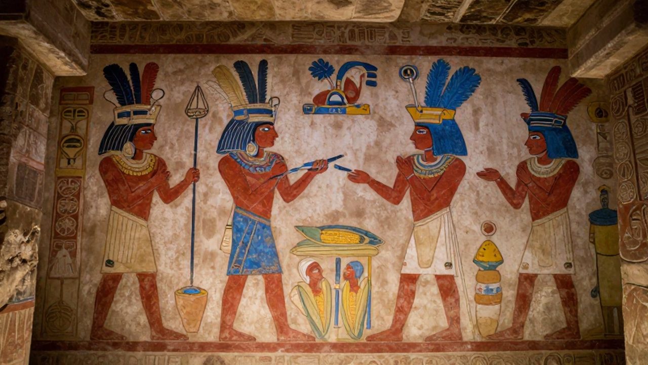 Mural azteca en una pared de piedra que muestra nobles con tocados de plumas y campesinos.