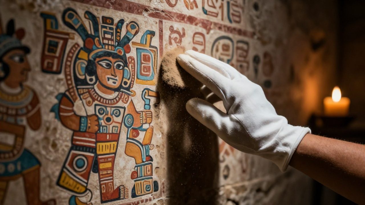 Mano con guante blanco limpiando el polvo de un mural azteca sobre una pared de piedra.