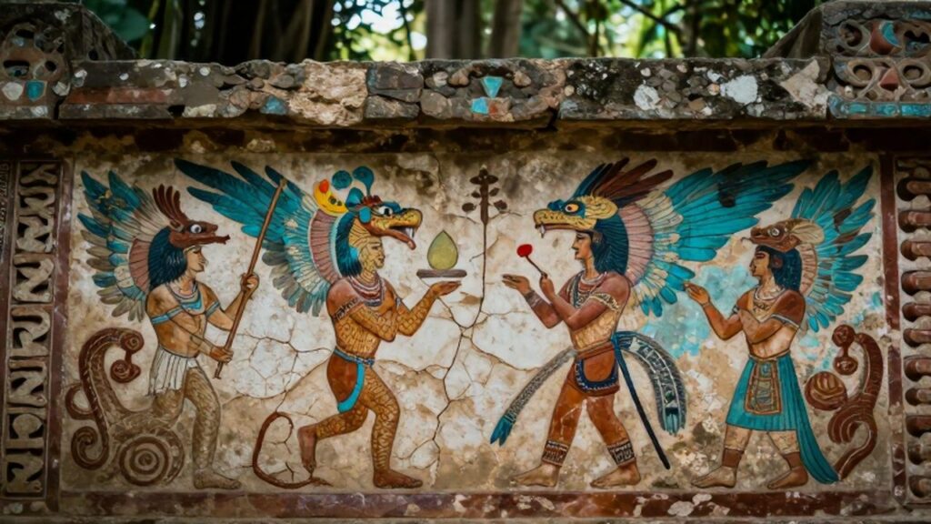 Mural antiguo en una pared de piedra con figuras de serpientes emplumadas y pigmentos desgastados.