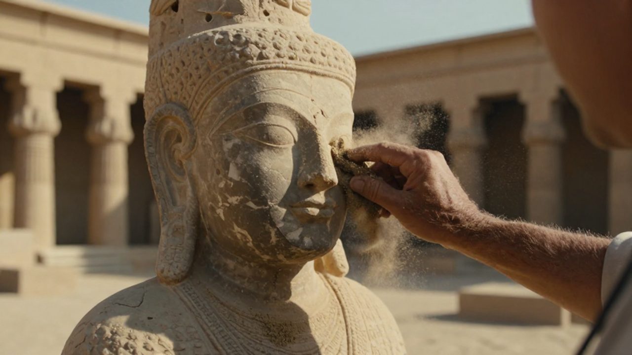 Manos de un arqueólogo limpiando con un pincel una estatua de piedra entre ruinas antiguas.