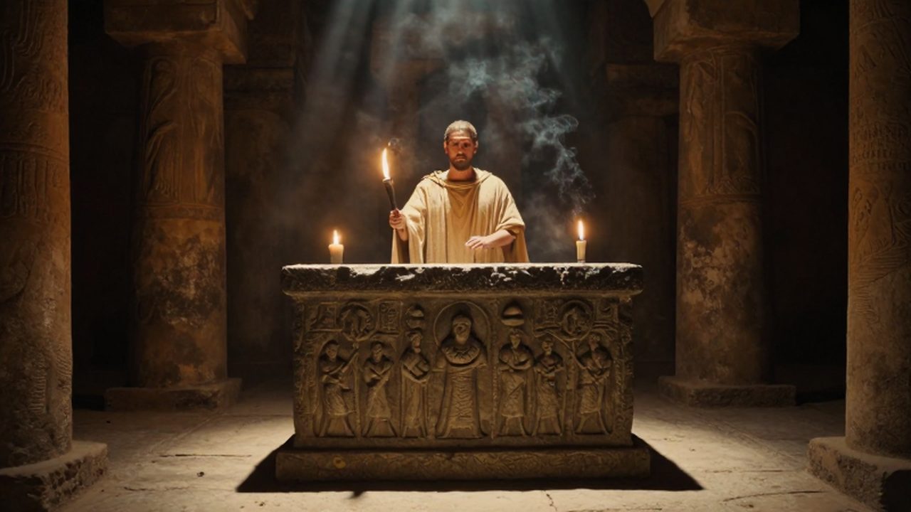 Sacerdote con túnicas de lino realiza un ritual ante un altar de piedra en un templo subterráneo.