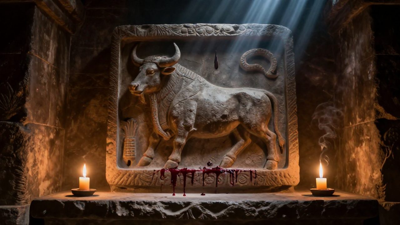Relieve de piedra de Mithras sacrificando un toro en un templo subterráneo iluminado por velas.