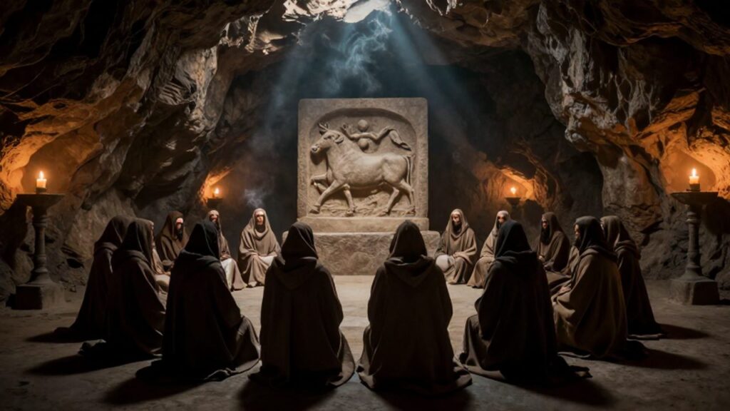 Iniciados con capuchas reunidos en círculo ante el relieve de Mitra sacrificando un toro en una cueva iluminada por velas.