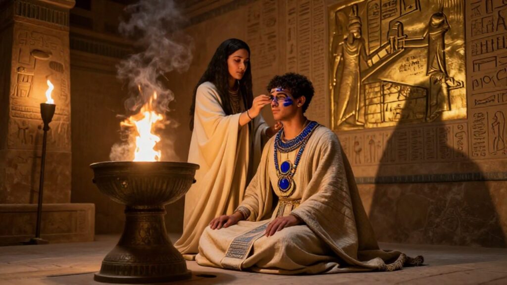 Joven con joyas de lapislázuli sentado ante un brasero mientras una sacerdotisa realiza un ritual en un templo mesopotámico.