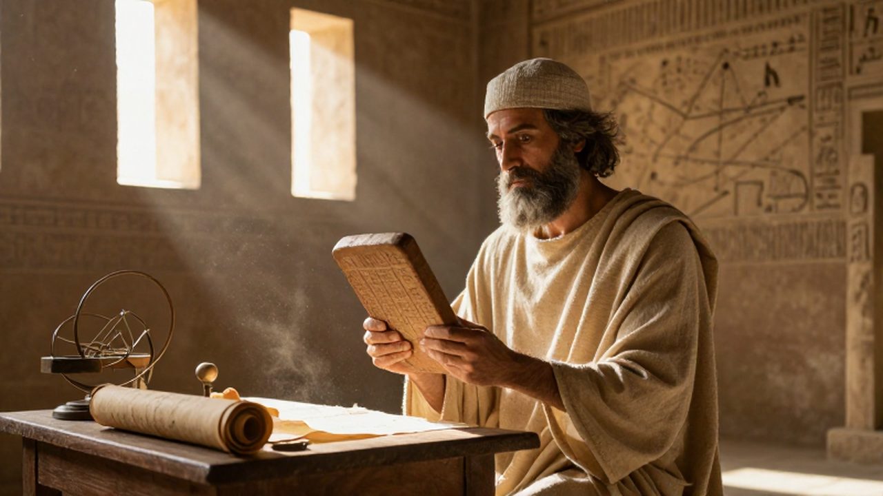 Sacerdote mesopotámico con túnica de lino sosteniendo una tablilla de arcilla en una biblioteca antigua.