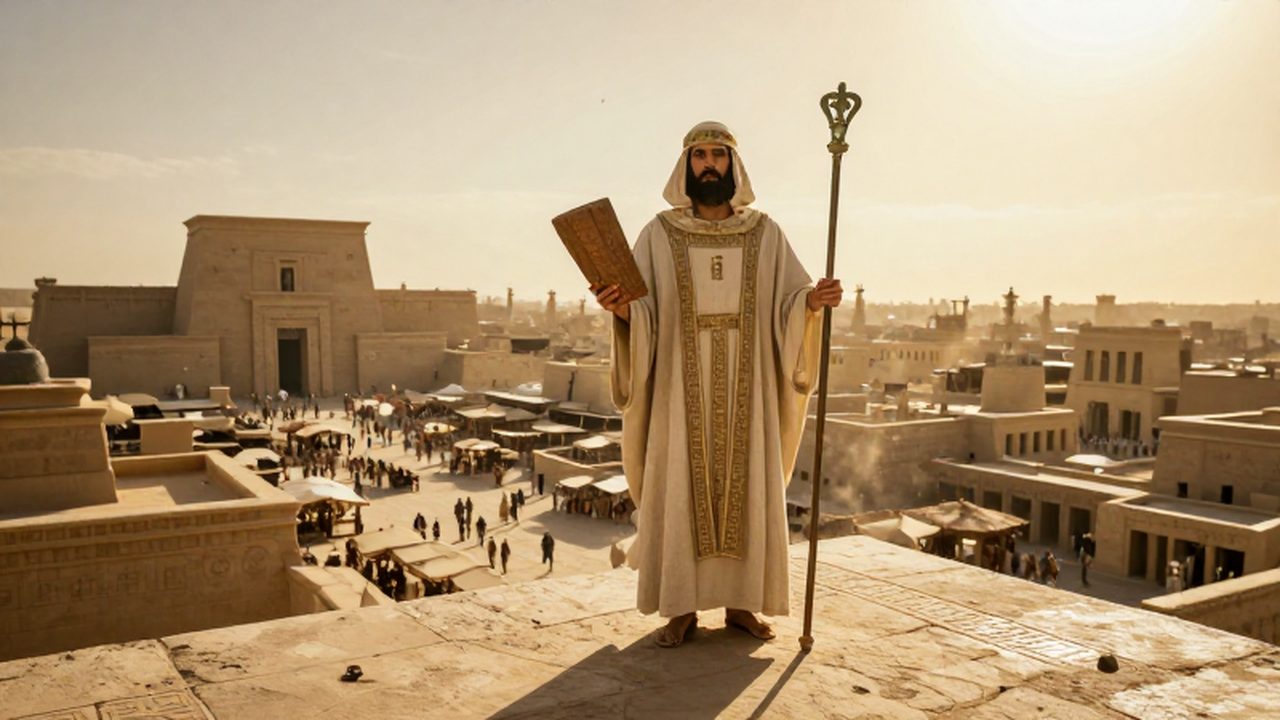 Sacerdote mesopotámico con túnica dorada y báculo observa una antigua ciudad desde un zigurat.