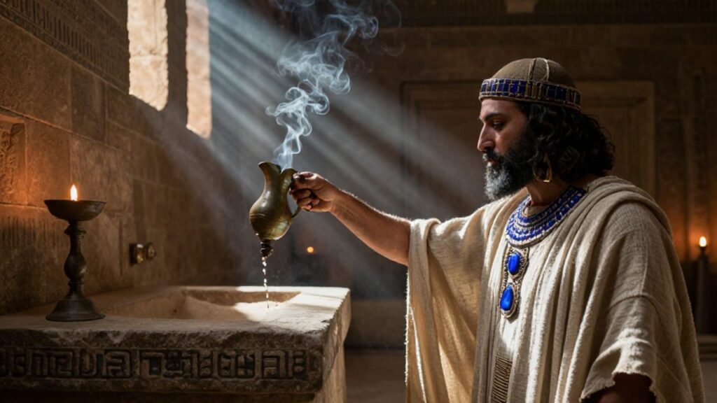 Sacerdote mesopotámico con joyas de lapislázuli vertiendo una libación ante un altar de piedra.