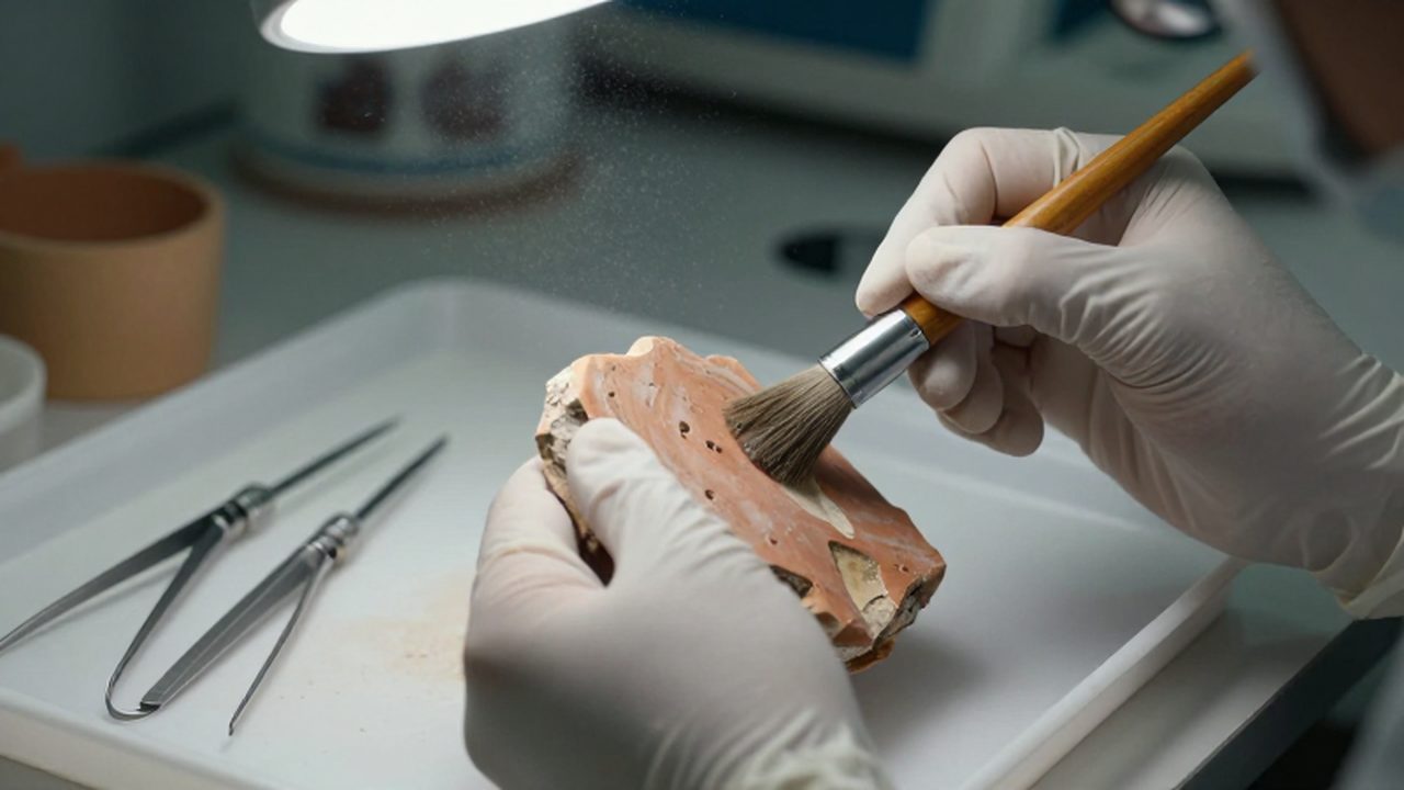 Un conservador con guantes de nitrilo limpia con un pincel fino un fragmento de terracota antigua.