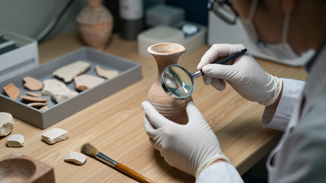 Arqueólogo con guantes blancos documentando un recipiente de terracota sumeria en un laboratorio de conservación.