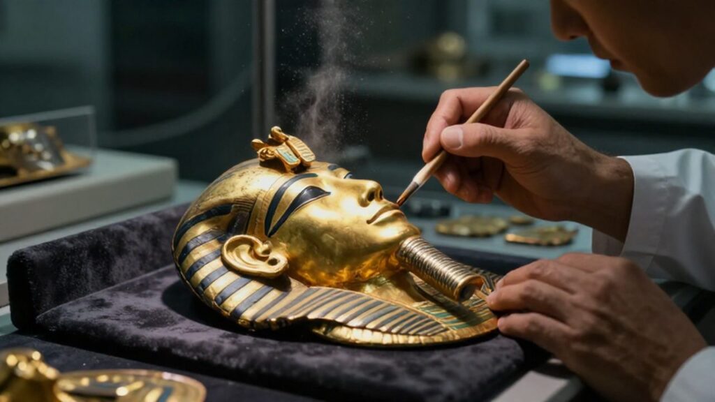 Un arqueólogo limpia con un pincel fino una máscara funeraria de oro en un laboratorio.