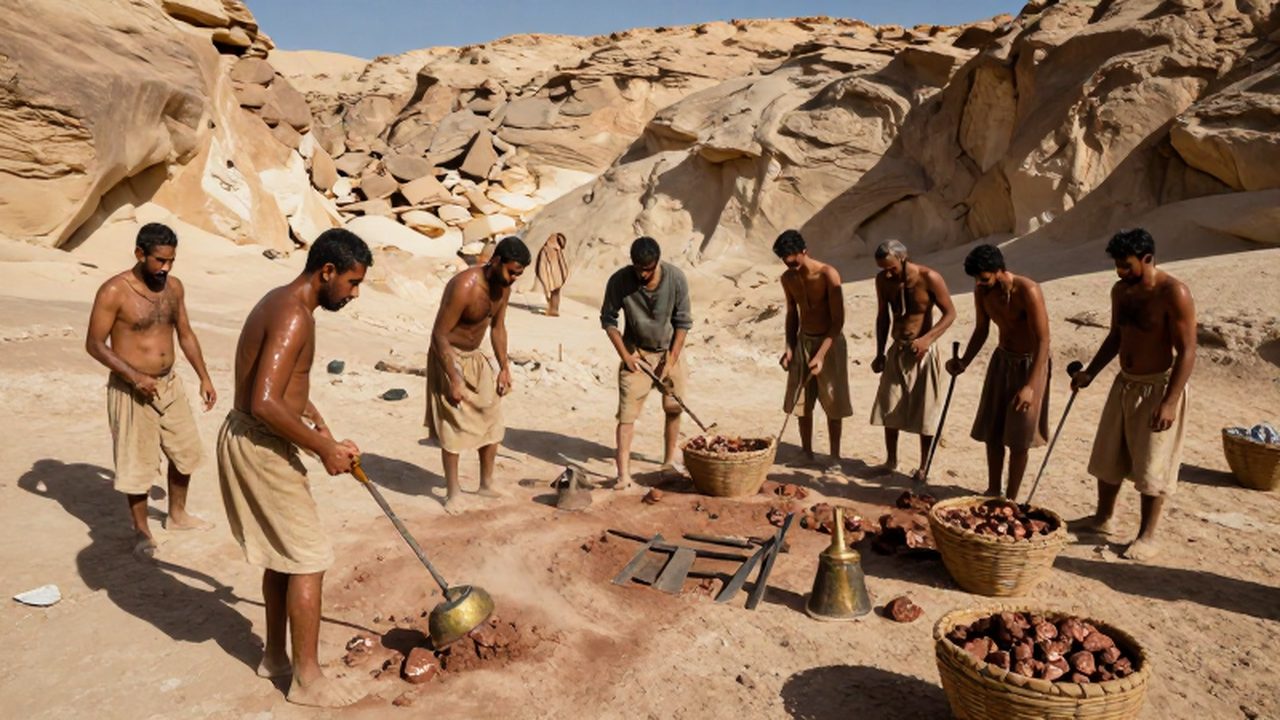 Trabajadores de la antigua Mesopotamia extraen mineral de cobre en una cantera de piedra bajo un sol intenso.
