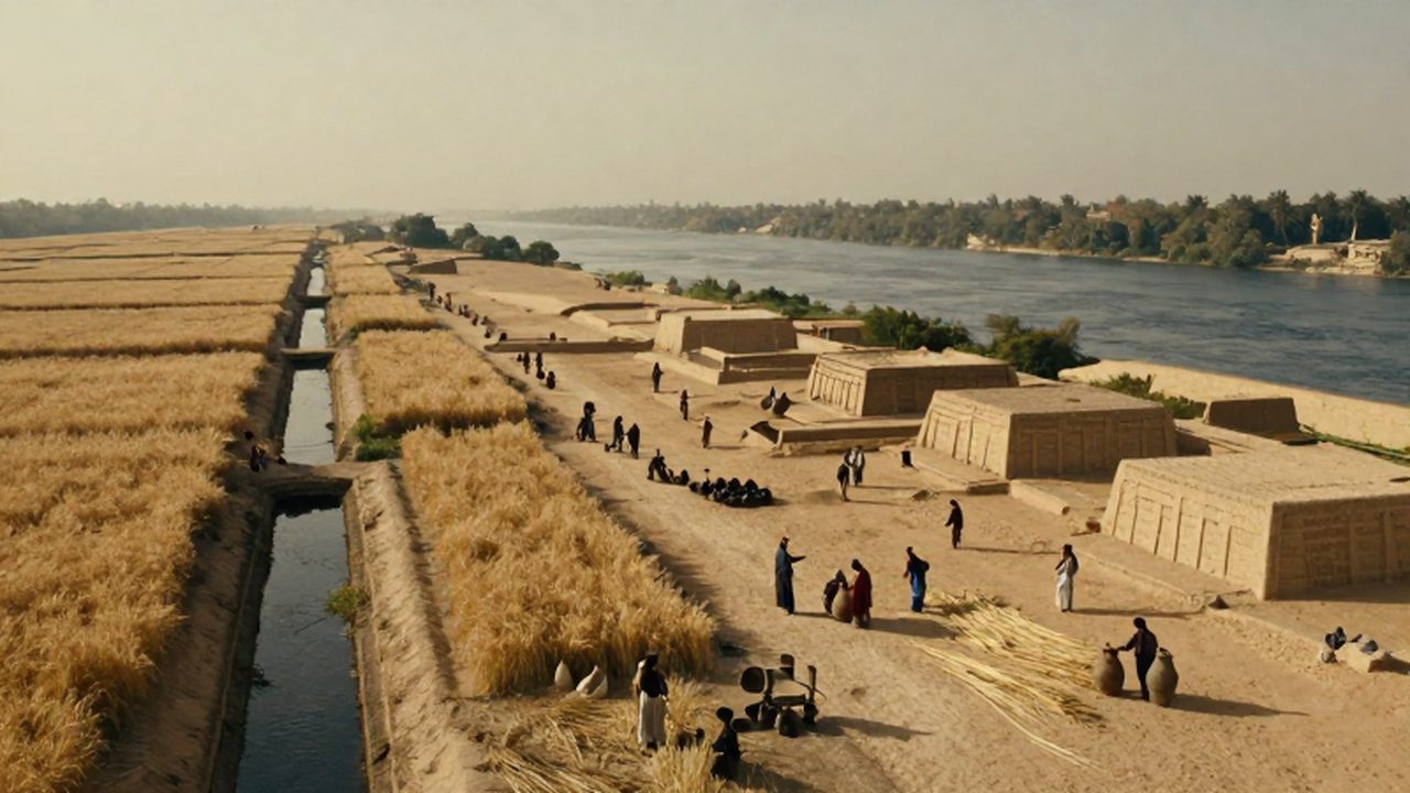 Paisaje dividido de campos de trigo mesopotámicos y un oasis egipcio con trabajadores recolectando cosechas.
