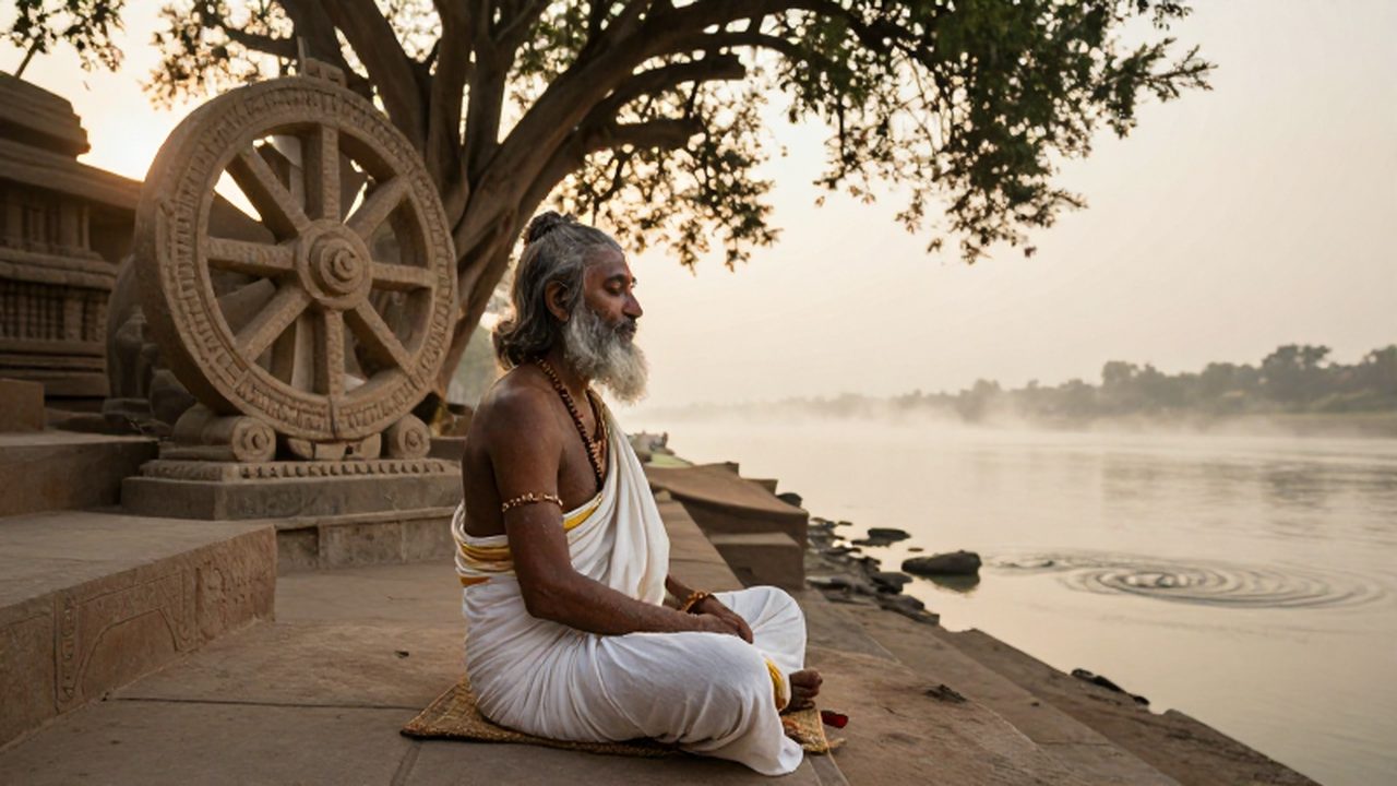 Sabio védico meditando junto al río Ganges bajo la luz del atardecer y árboles de banyan.