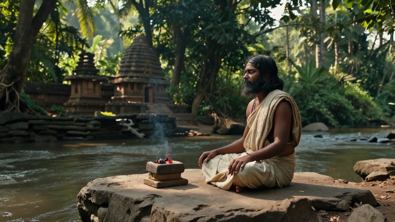 Asceta en meditación junto a un río y un pequeño altar de piedra en la selva.
