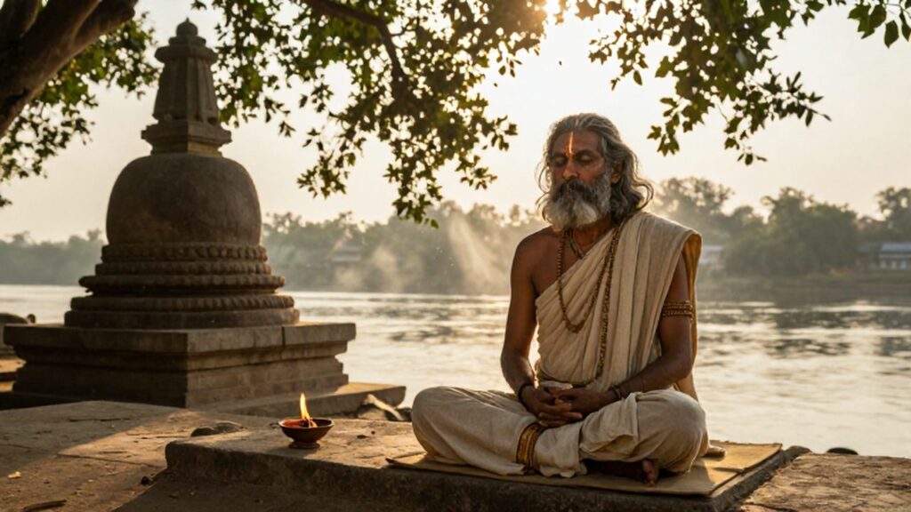 Sabio védico meditando junto a un río sagrado bajo la luz del atardecer.