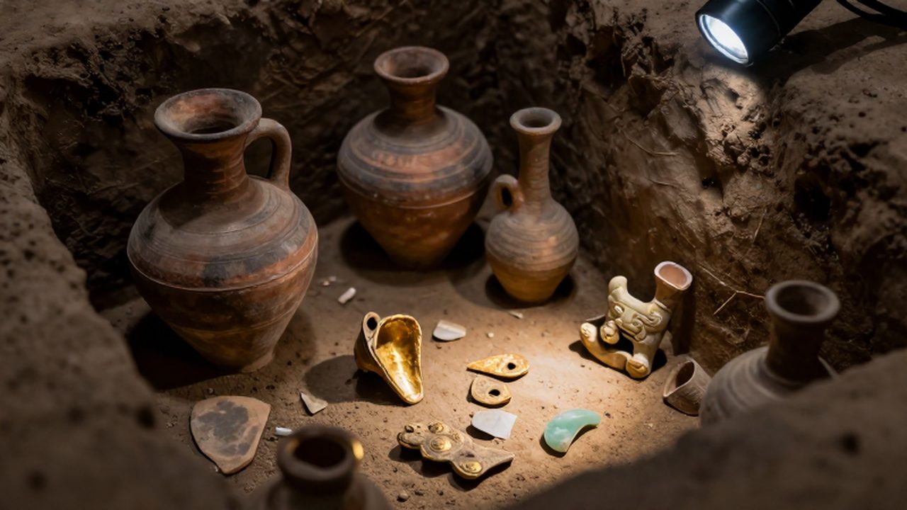 Objetos de cerámica antigua y adornos de oro junto a figurillas de jade en una cámara ritual.