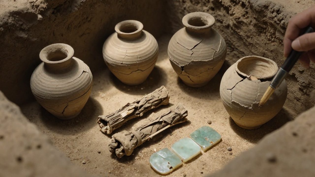 Vasijas de cerámica agrietadas y ornamentos de jade hallados entre sedimentos en una excavación arqueológica.