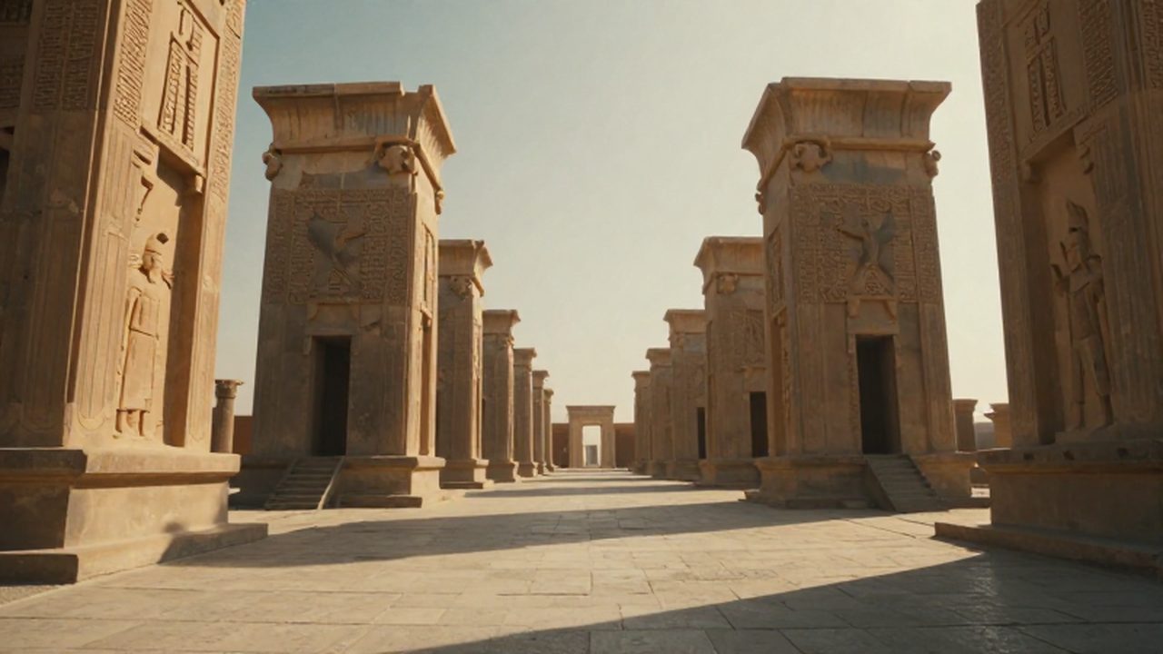 Columnas monumentales con capiteles de toro iluminadas por el sol en el patio de Persépolis.