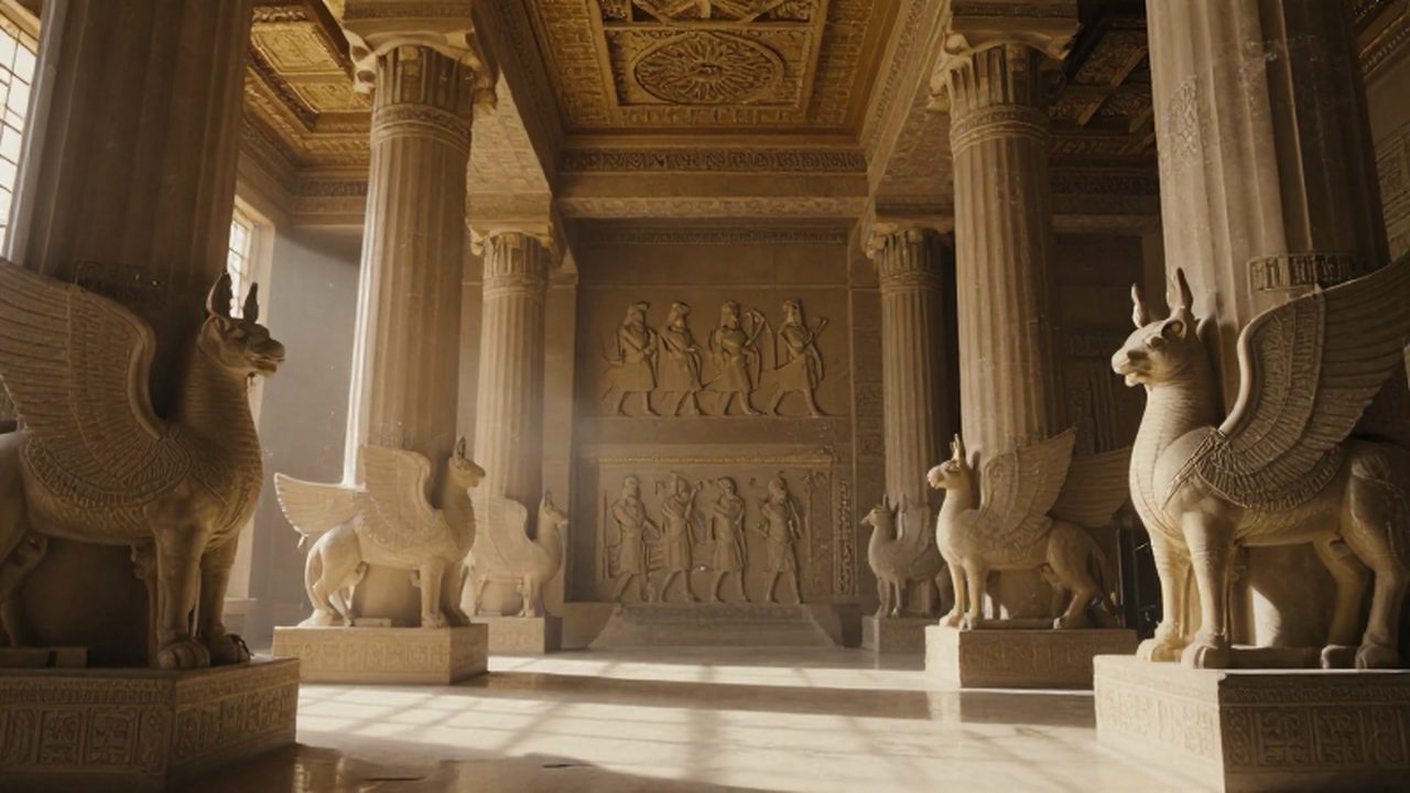 Columnas de piedra con relieves de lamassu en un majestuoso palacio persa antiguo.
