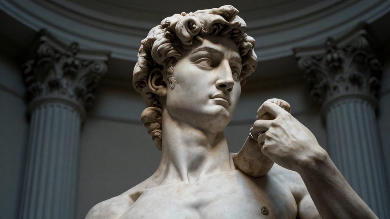 Primer plano de una escultura de mármol de un héroe clásico entre columnas romanas.