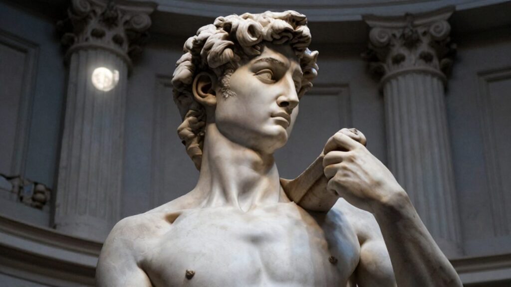 Primer plano con iluminación dramática de la escultura de mármol de David entre ruinas clásicas.
