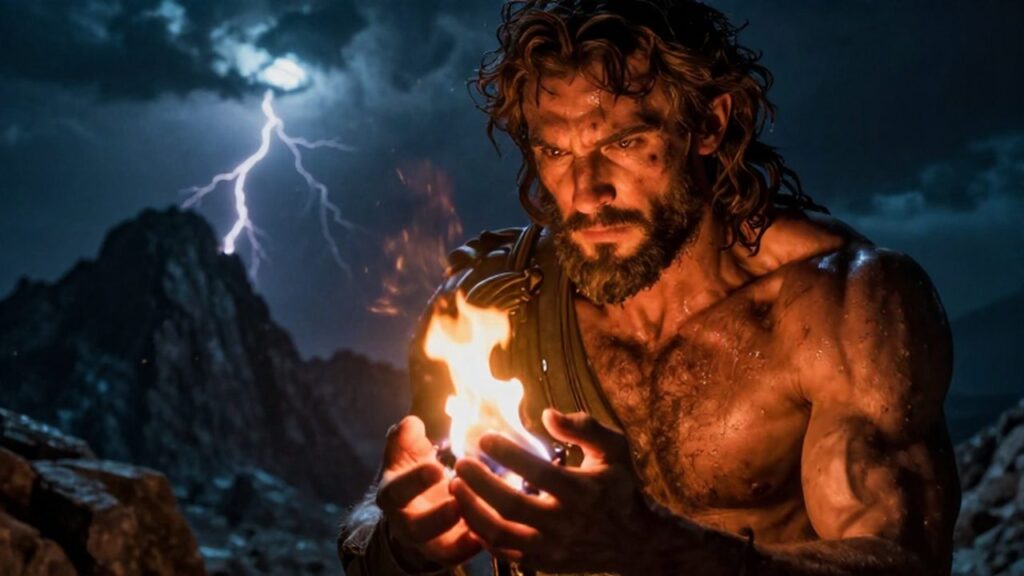 El titán Prometeo protege una brasa de fuego divino entre sus manos en una montaña.